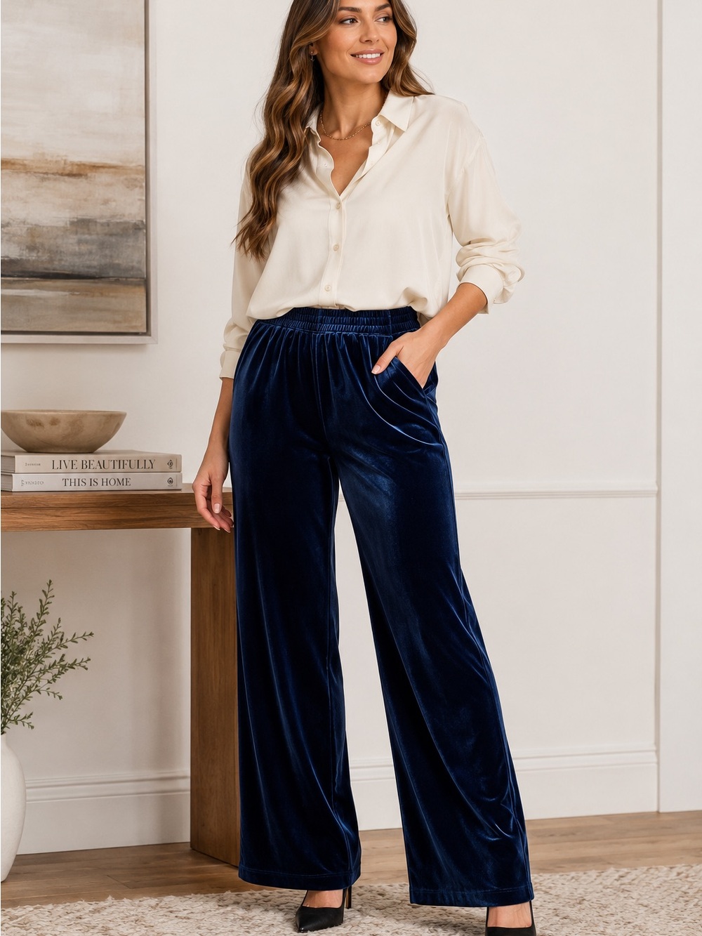 NWT Blue Velvet BLANKNYC Wide Leg Pants Elastic Waist Pull On Navy XL 30” Inseam